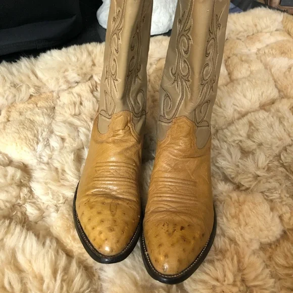 Cowboy boots 9.5/10 women 8D mens tan beige ostrich vintage - Picture 4 of 8